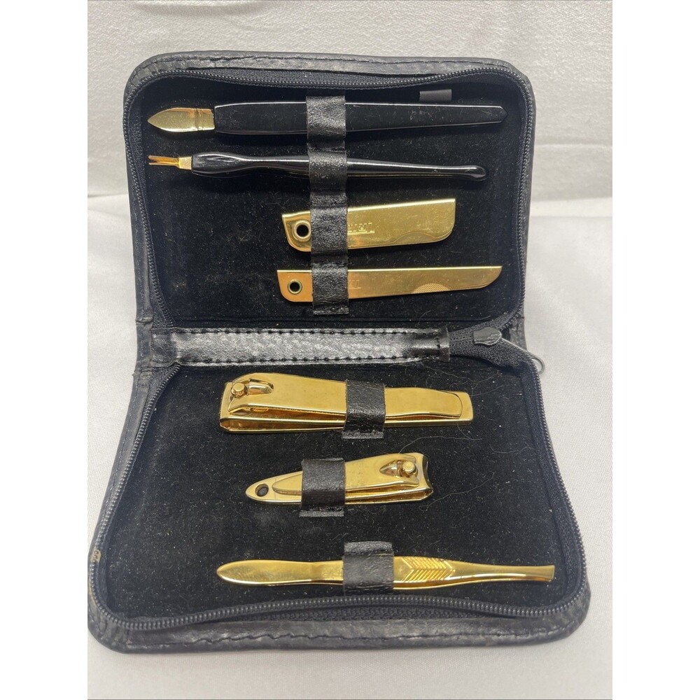 Vintage Bassett USA Trim Nail Grooming Kit Gold Tone Clippers Tweezers Blade 7pc